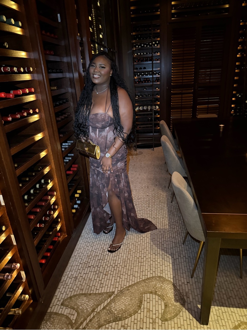 Fashion Nova Brown Floral Evening Gown with Side Slit